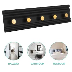 LIVIVO Wall Mounted Floating Coat Rack - Modern, Sleek, Space-Saving Clothes Hanger with 5 Hooks - Black & Gold