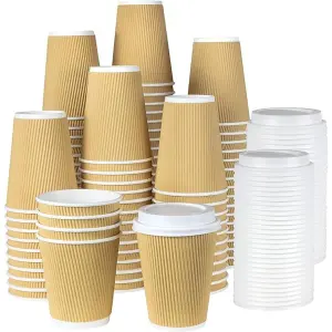 ECONX 12oz Takeaway Coffee Cups with White Lids Triple Walled Insulated Disposable Ripple Coffee Cups (Pack of 50)