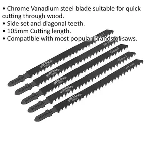 5 PACK 105mm Chrome Vanadium Steel Jigsaw Blade - 6 TPI - Side Set Teeth - Wood