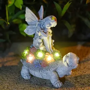 Solar Fairy Tortoise Ornament Garden LED Statue Succulent Decor Stone Effect