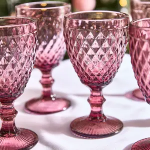 Set of 6 Vintage Luxury Red Diamond Embossed Drinking Wine Glass Wine Goblets 270ml