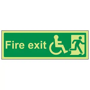 Wheel Chair Fire Exit RIGHT Text Sign - Glow in Dark - 300x100mm (x3)