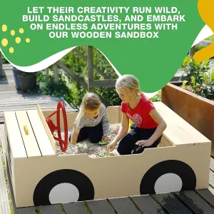 Sandpit - Wooden Car Sand Pit - With Steering Wheel, Weatherproof Cover and Secured Underlay