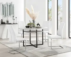 Adley Grey Concrete Effect And Black Round Dining Table with Storage Shelf and 4 White Lorenzo Chairs for Modern Sleek Dining Room