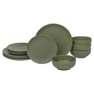 Queensway Home & Dining 26cm Diameter 12 Pcs Green Coloured Stone Ceramic Dinnerware Crockery Plates Bowls Dining Set