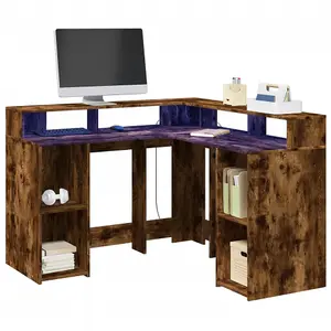 Berkfield Desk with LED Lights Smoked Oak 130x130x91 cm Engineered Wood