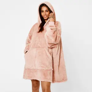 Brentfords Teddy Fleece Hoodie Blanket Oversized Sweatshirt, Blush - Adults