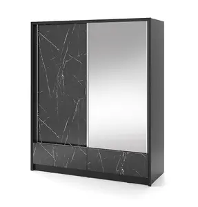 Aria I Mirrored Sliding Two Door Wardrobe 180cm in Black Marble