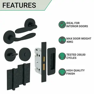 EAI - Sassari Lever on Rose Handle Bathroom Kit / Pack - 64mm Bathroom Lock - 76mm Hinge - Matt Black