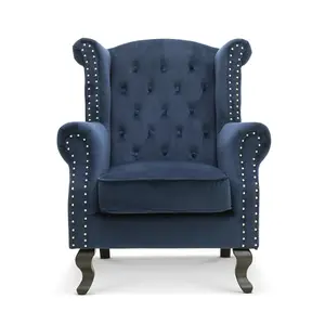 Velvet Wing Back Fireside Henley Chair Armchair with Buttons Navy Blue