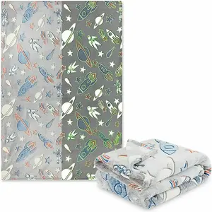 Space, 100 x 150cm  Glow In The Dark Fleece Blanket Throw with Moons and Stars Pattern Super Soft Blanket for All Seasons