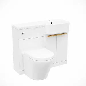 Nes Home Right Hand Basin Vanity Unit, Brushed Brass Handles, WC Unit & Rimless Toilet