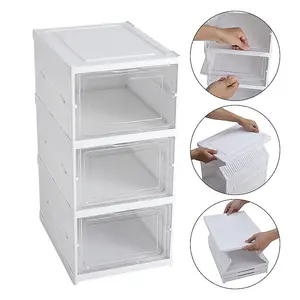 3 Tier 3 Compartment White Stackable Foldable Shoe Storage Box Unit for Home Hallway and Corner