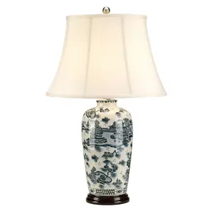 Table Lamp Chinese Buildings & Willow Tree Design Cream Shade Blue LED E27 60W