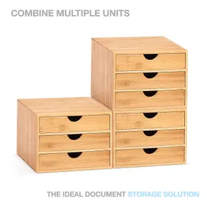 Woodluv 3 Drawer Bamboo Home Office Desktop Tidy A4 Sturdy Stationary Storage Organiser Unit, W25 X D33 X H18.5cm