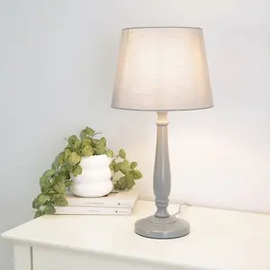 ValueLights Victoria Traditional Grey Wood Candlestick Table Lamp with Grey Tapered Shade