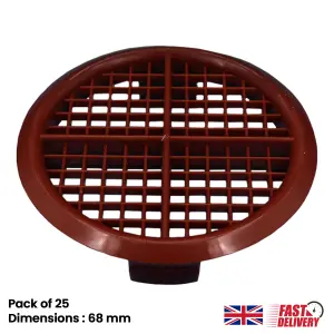 Pack of 25 Brown Plastic 68mm Round Soffit Air Vents Push in Roof and Eave Circular Mesh Air Vents