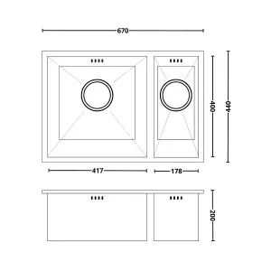 Kersin Elite Brushed Stainless Steel Undermounted 1.5 Bowl Sink (W) 670 x (L) 440mm