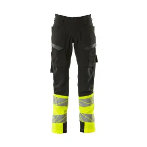 Mascot Accelerate Safe Ultimate Stretch Trousers with Thigh Pockets - Black/Hi-Vis Yellow   (42.5) (Leg Length - Long)