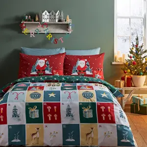 Catherine Lansfield Christmas Advent Calendar Reversible Double Duvet Cover Set with Pillowcases Red