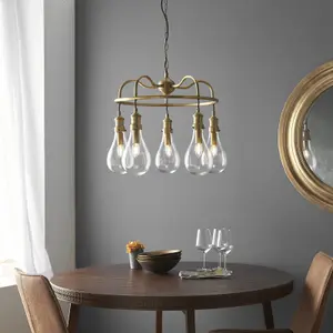 Ceiling Pendant Light - Antique Brass Plate & Clear Glass - 5 x 6W LED E14