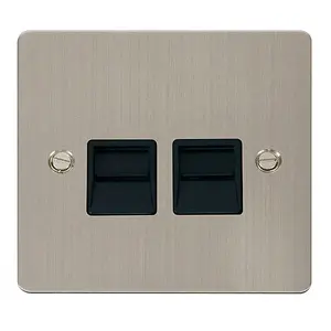 Flat Plate Stainless Steel Master Telephone Twin Socket - Black Trim - SE Home