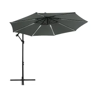 3M Garden Sun Shade Cantilever Parasol Hanging Banana Umbrella Crank Tilt with Solar Lights and Fillable Base, Dark Grey