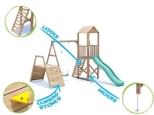 Dunster House Wooden Climbing Frame with Swing, Climbing Wall & Slide BalconyFort Low Platform