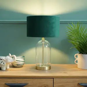 ValueLights Jessy Glass and Gold Metal Bedside Table Lamp with a Forest Green Velvet Lampshade