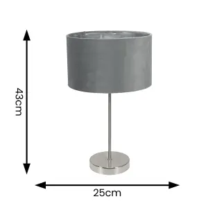 ValueLights Charles Chrome Stem Table Lamp with Grey Velvet with Chrome Inner Lamp Shade and LED Bulb