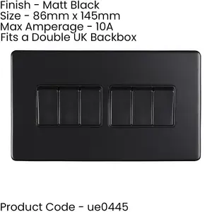 5 PACK 6 Gang Multi Light Switch SCREWLESS MATT BLACK 2 Way 10A Slim Rocker