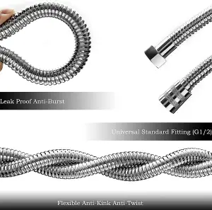 Chrome Shower Bath Hose Flexible Stainless Steel Replacement Pipe 1.2 Meter (1.2 Meter)