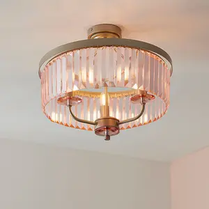 Round Champagne Finished Semi Flush Ceiling Light Rose Pink Cut Glass Detailing