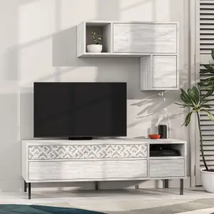 Decortie Heaton Modern TV Unit Ancient White with Storage and Wall Shelf 144.6cm