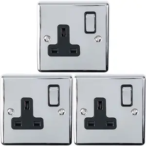 3 PACK 1 Gang Single UK Plug Socket POLISHED CHROME 13A Switched Black Trim