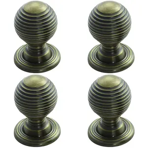 4 PACK - Reeded Ball Door Knob - 28mm Florentine Bronze Lined Cupboard Pull Handle & Rose