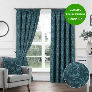 Home Curtains Georgia Chenille Fully Lined Floral 90w x 90d" (229x229cm) Teal Pencil Pleat Curtains (PAIR)