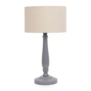 ValueLights Victoria Traditional Grey Wood Candlestick Table Lamp with Natural Drum Shade - LED Bulb Included