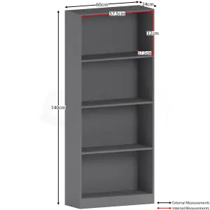 Vida Designs Cambridge Grey 4 Tier Large Bookcase Freestanding Shelving Unit (H)1400mm (W)600mm (D)240mm