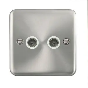 Our Curved Edge Satin / Brushed Chrome 2 Gang Twin Coaxial TV Socket - White Trim - SE Home