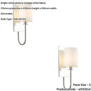 2 PACK Bright Nickel Dimmable Wall Light - Vintage White Shade - Bevelled Edge Mirrored Back Plate