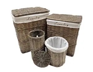 Wicker Rectangle Laundry basket With Cotton Lining + Lid Oak Brown Medium 40x29x48 cm,