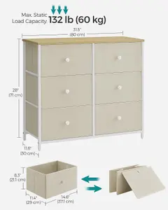 SONGMICS Chest of Drawers, 6 Fabric Drawers with Metal Frame, Storage Organiser Unit, Dresser, Camel Yellow and Cream White