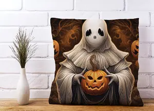 Spooky White Ghost Holding Pumpkin Cushions 60cm x 60cm