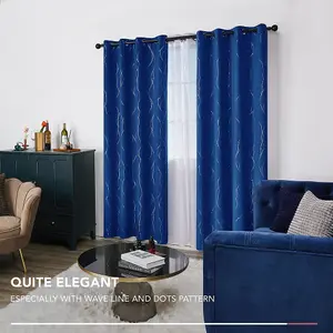 Deconovo Set of 2 Thermal Blackout Curtains, Silver Dot Pattern, Eyelet Curtains for Bedroom, 55 x 54 Inch, Royal Blue