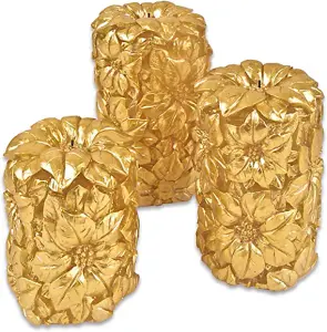 3 x Carved Gold Floral Real Wax LED Pillar Candles - Battery Powered Flickering Light Home Decoration - 1 of Each 10, 12 & 15cm