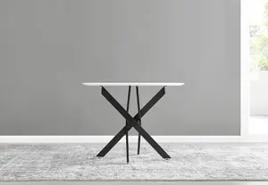 Furniturebox UK Novara White Gloss Black Leg Round Dining Table & 4 Navy Velvet Milan Chairs