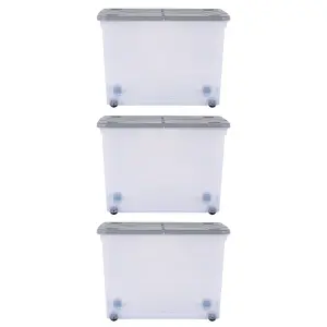 3 x Wham 80L Stackable Plastic Storage Box with Wheels & Folding Lid Clear/Cool Grey