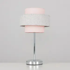 ValueLights Weaver Polished Chrome Touch Bedside Table Lamp with Pink & Grey Herringbone Shade with LED Bulb