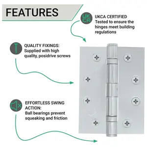 EAI - 4" Door Hinges & Screws G11 FD30/60  - 102x76x2.7mm Square - Polished Chrome